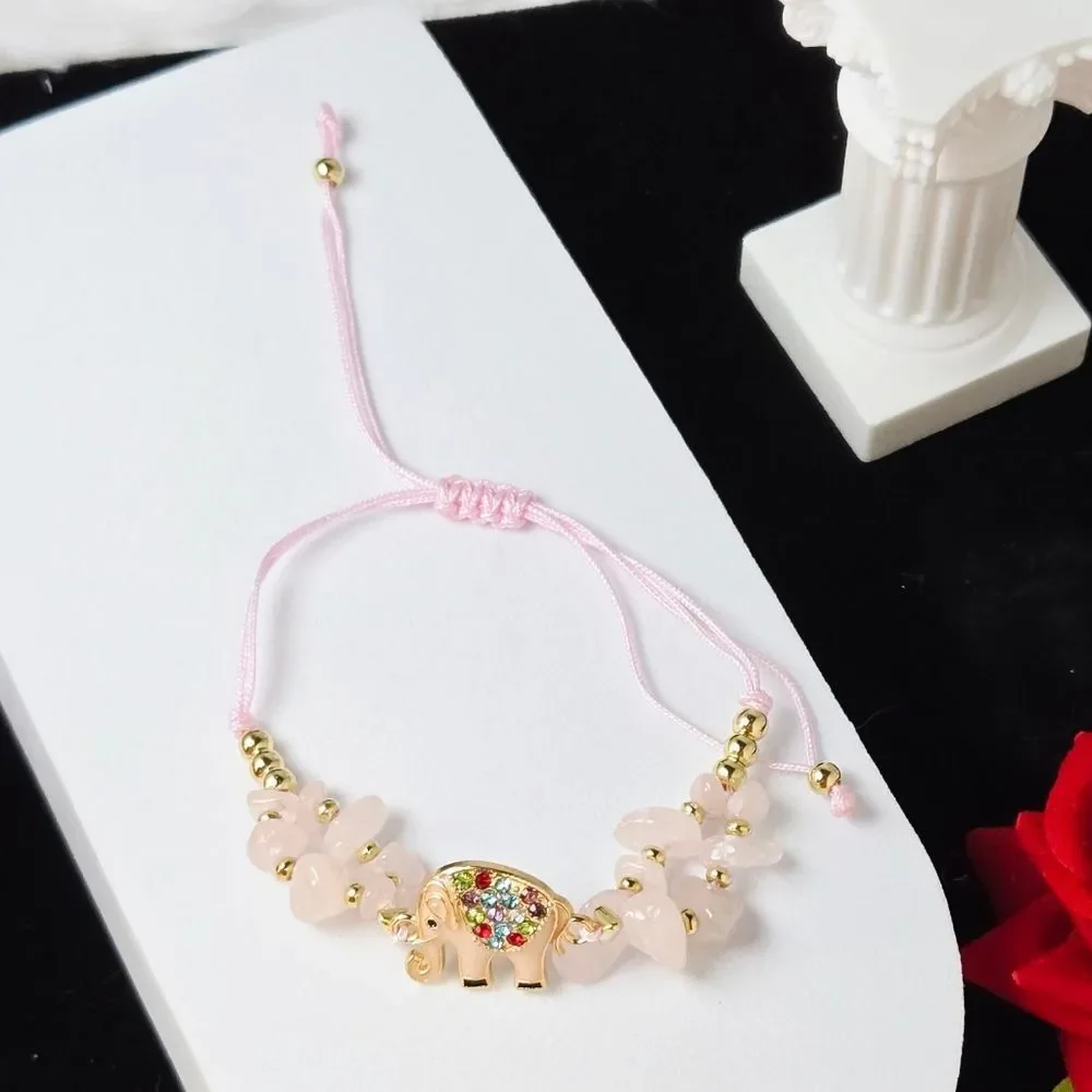 Rose Quartz Crystal Beaded Elephant Bracelet Adjustable String Gold Enamel Charm